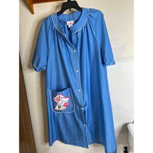 Smart Time Blue Snap-Front Housecoat Embroidered Pocket Piping S/S XL USA VTG